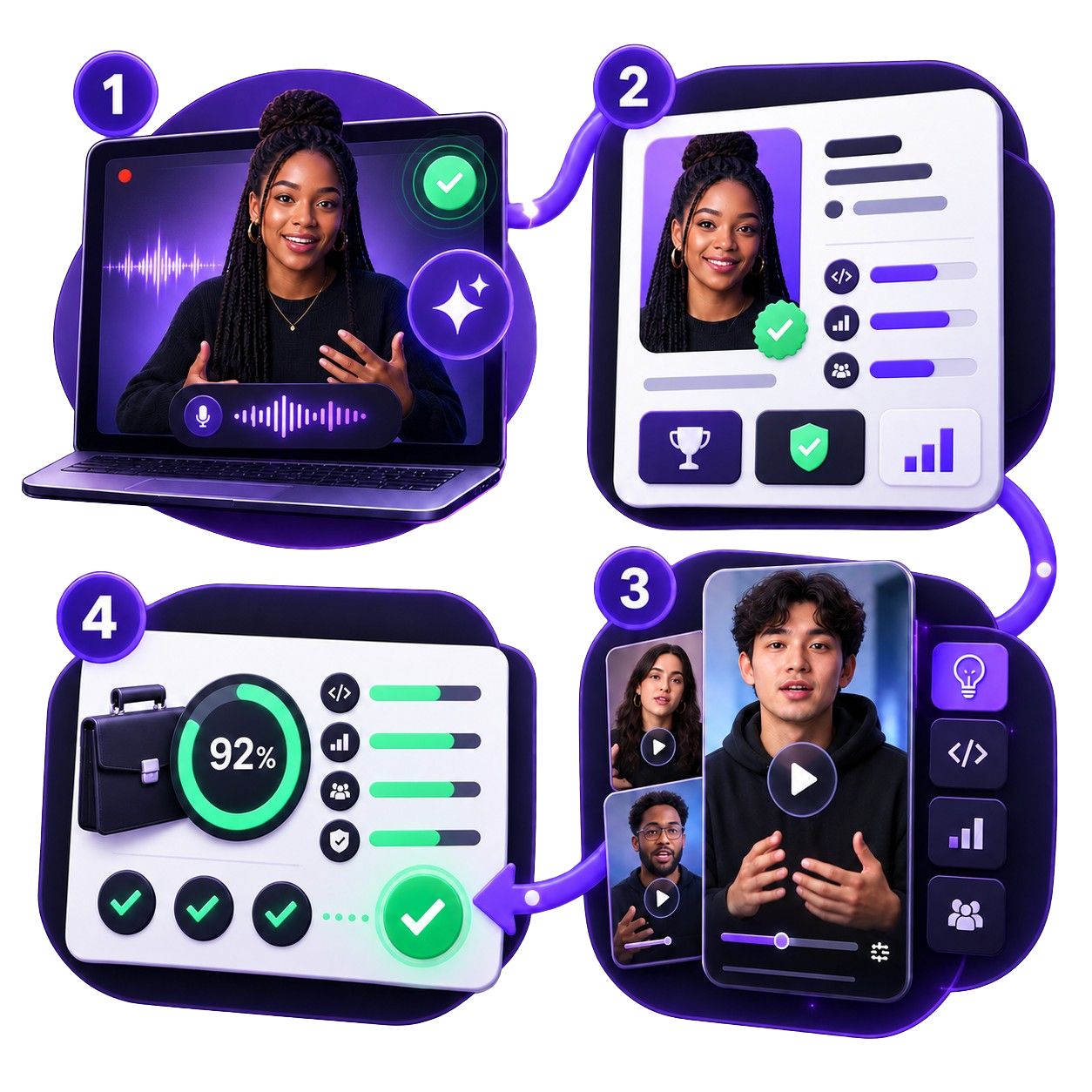 Spotlytt candidate journey from an AI interview to a verified profile, peer learning and job matching
